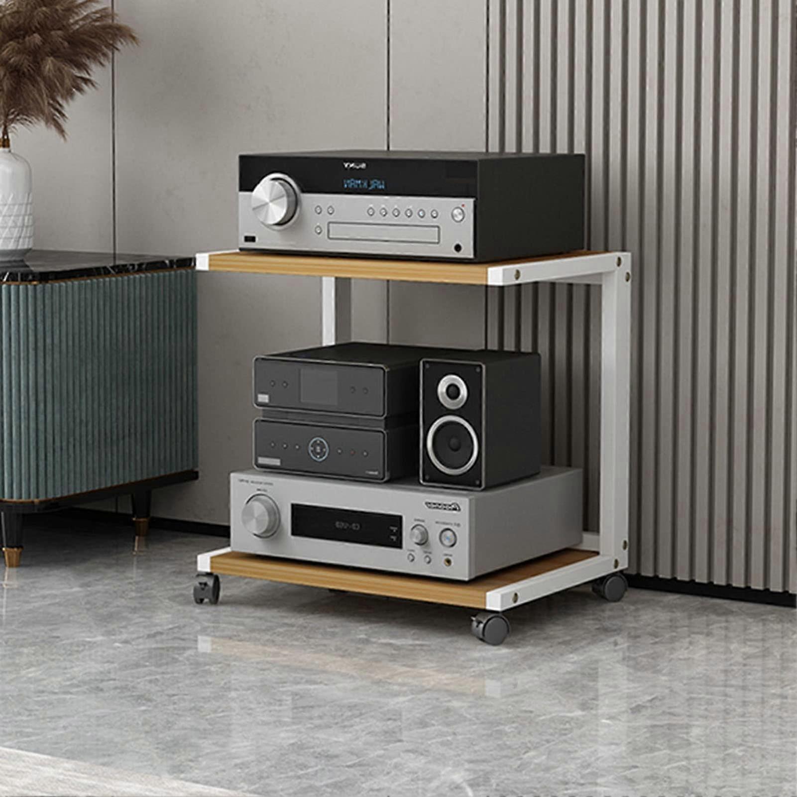 Home Amplifier Rack Furniture Audio Stand with Universal Pulley Removable Storage, Wood and Metal Frame, 40CM, Color B