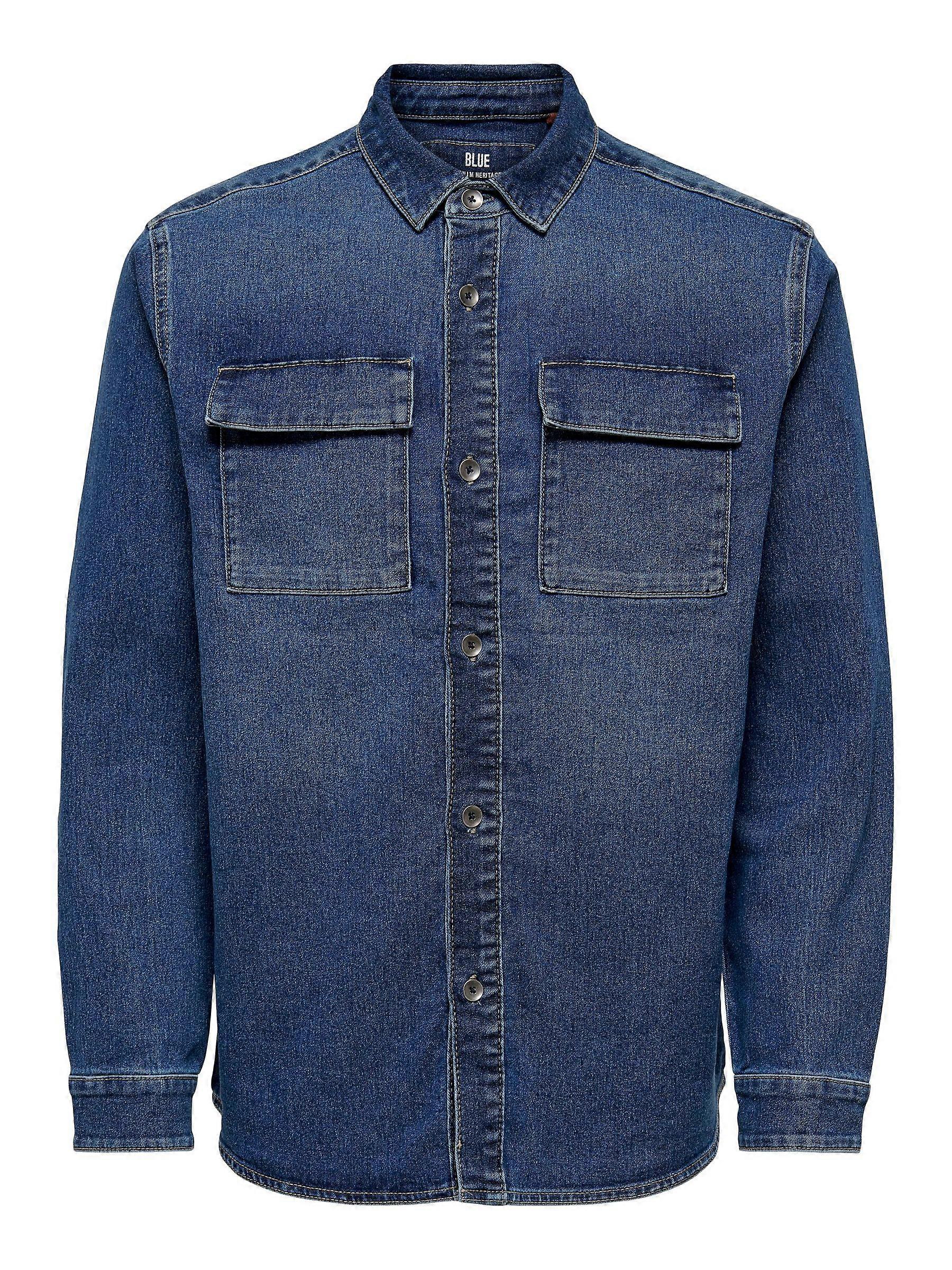 Herren O&S Jeans Hemd Denim Basic Langarm Freizeit Shirt Shacket ONSCAMON