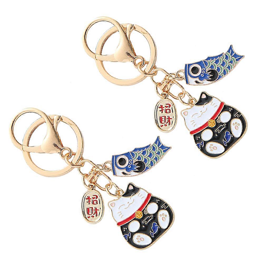 2pcs Fortune Cat Key Ring Japanese Style Keychain Zinc Alloy Key Chain Decor
