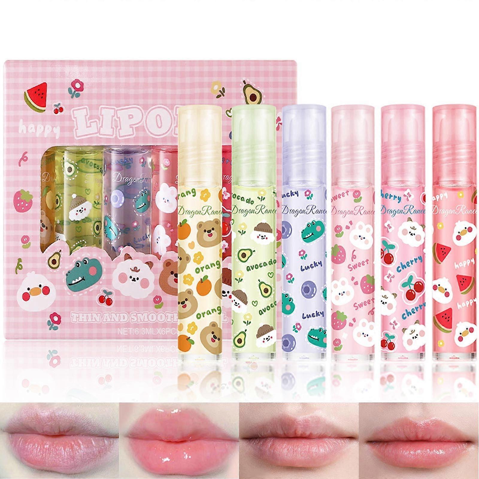 6Pcs Hydrating Roll On Lip Gloss Oil Set with Six Fruity Flavors, Vegan, NonSticky Shine