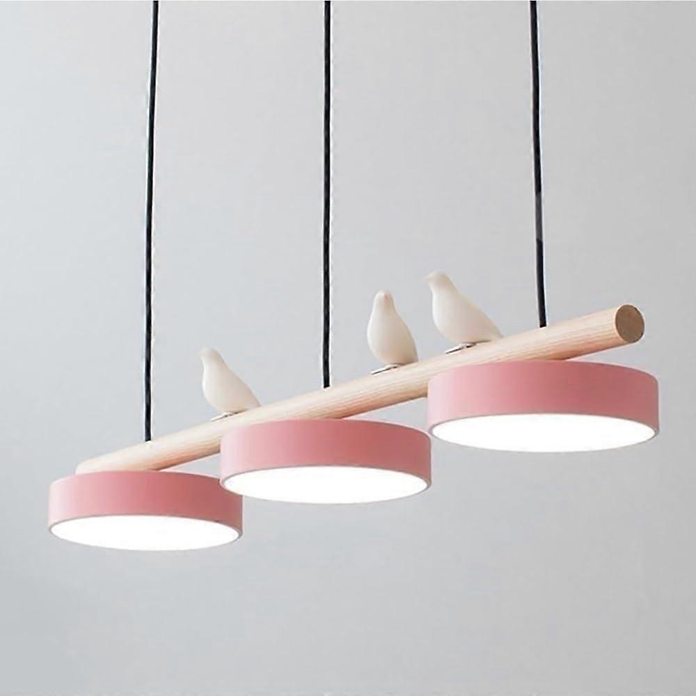 Modern LED Chandelier with Birds, 3Light Round Pendant, Adjustable Height for Dining Room Pink