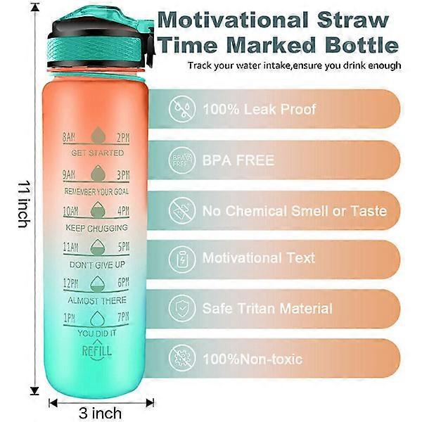 2-pack - 1 l water bottle with straw and timer Orange-Green