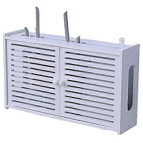 WiFi Router Shelf Wall Mounted Storage Box with Cable Management Dustproof Double Doors White 48x12x28cm