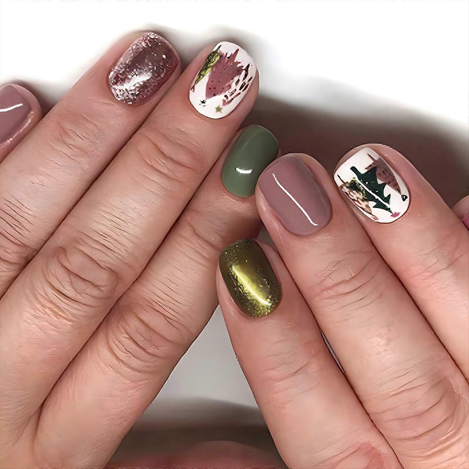 Christmas Press On Nails Short Length Glitter Accent Festive Tree Design 24Pcs False Nails