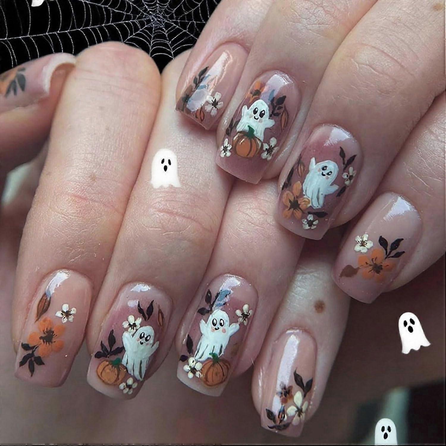 Halloween Press On Nails Short Square Acrylic Fake Nails with Cute Ghost Pattern, 24 Pcs Reusable