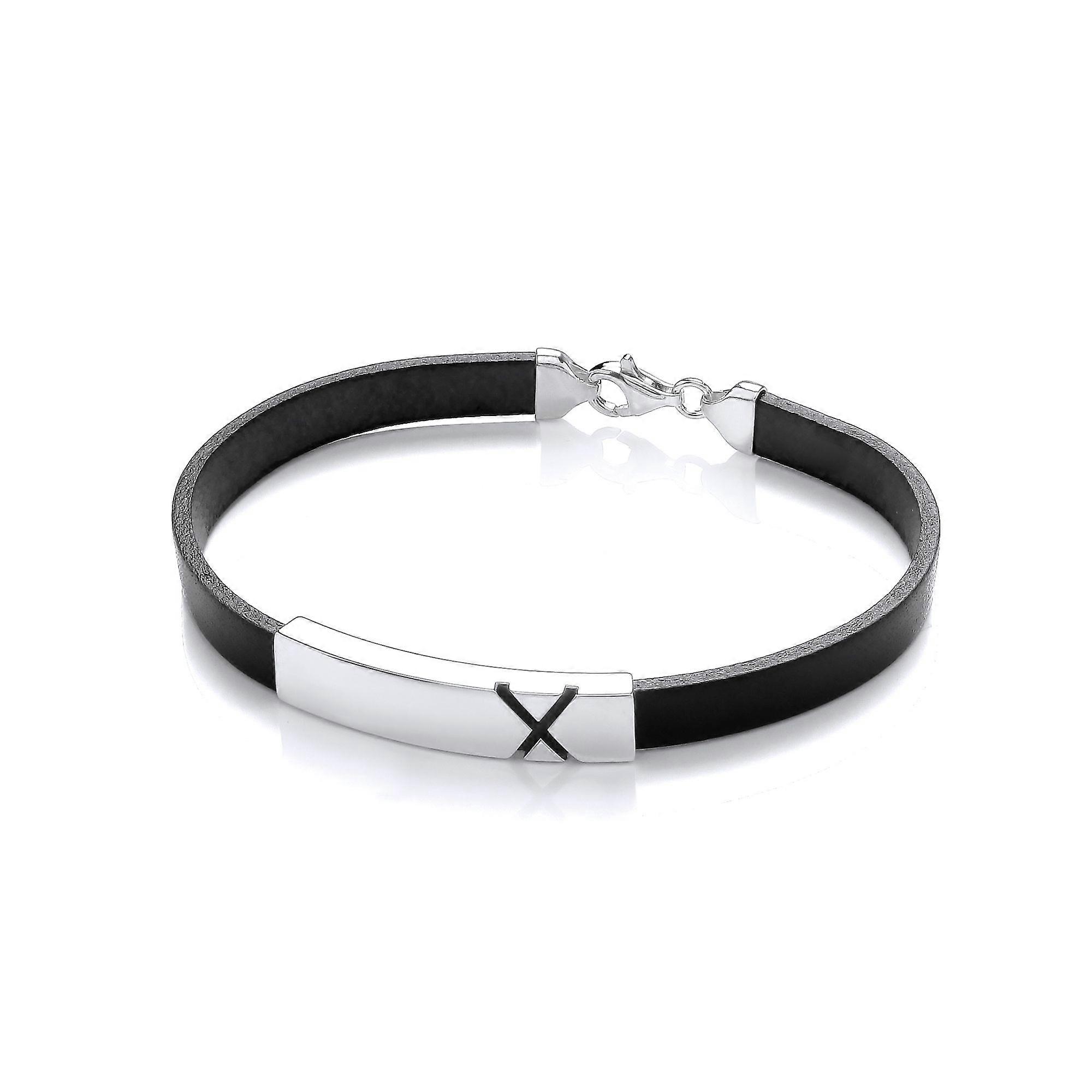 Jewelco London Mens Black Leather Stainless Steel Flat ID Plate X Marked Strap Bracelet 8mm 8 inch