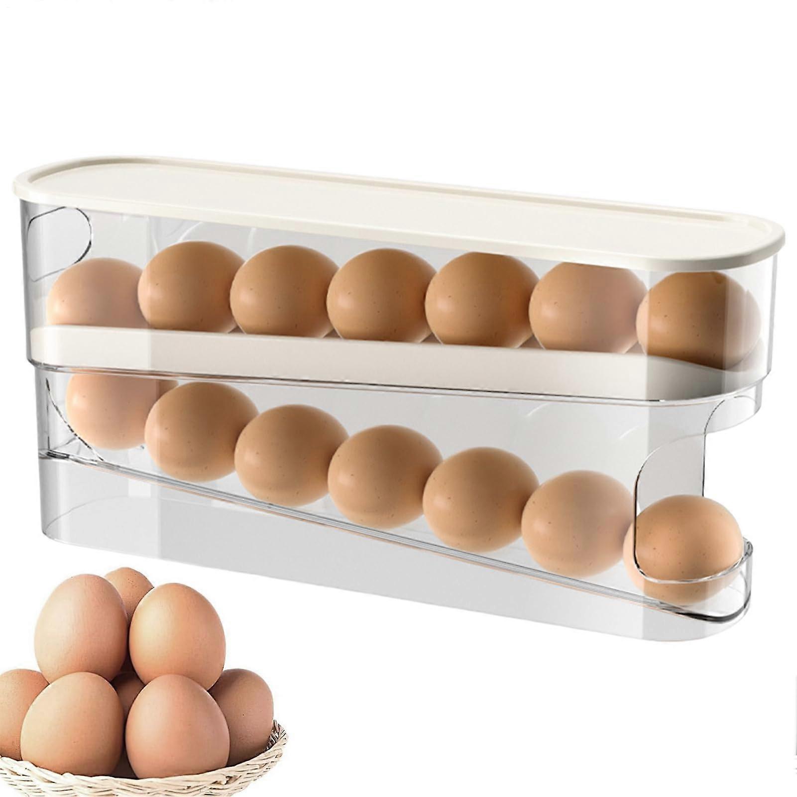 Egg Holder for Refrigerator with Automatic Rolling, Large Capacity SpaceSaving Kitchen Organizer