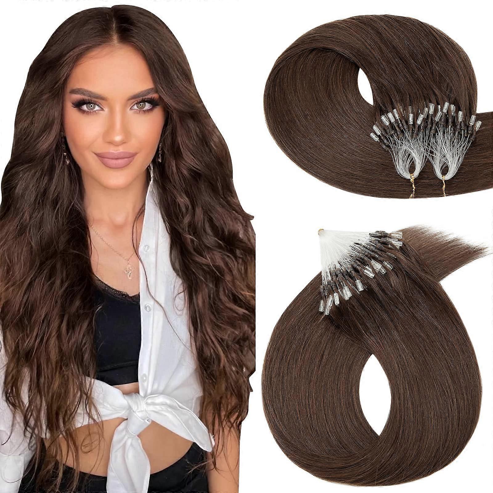 20 Inch Medium Brown Micro Loop Human Hair Extensions with Invisible Root Beads 100 Strands