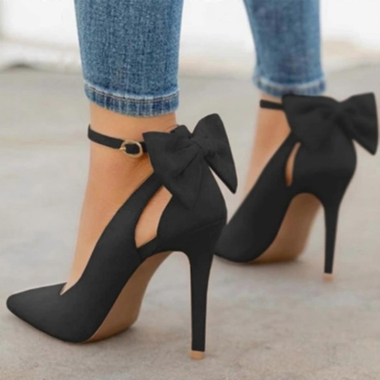 Women's Black Pointed Toe  Heels with Ankle Strap, Bowknot Pumps Plus Size 3443