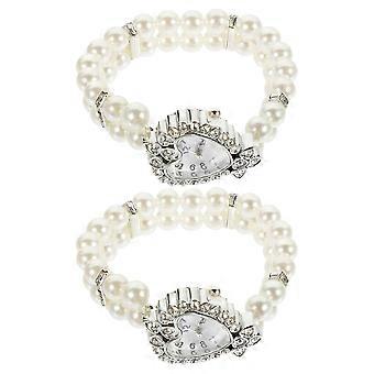 2Pcs Women Watch Bracelet Pearl Style Elegant Heart Shaped Wrist Watch
