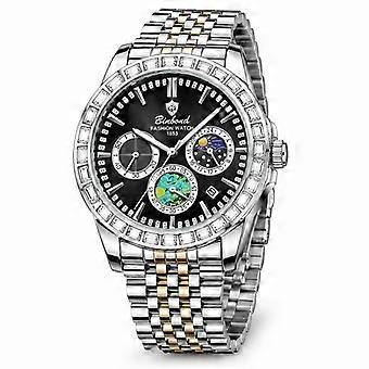 BINBOND Men's Quartz Watch Silver Steel Black Dial Moon Phase Luminous Waterproof JY