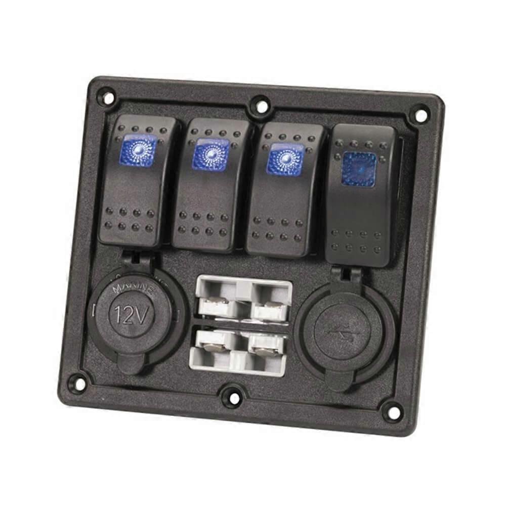 4-WAY Illuminated Switch Panel with Usb and Battery Plugs Surface Mountable