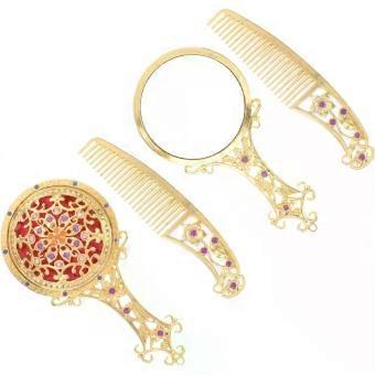 Conjunto de espelho de mão e pente, design oval decorativo, estilo antigo em metal.