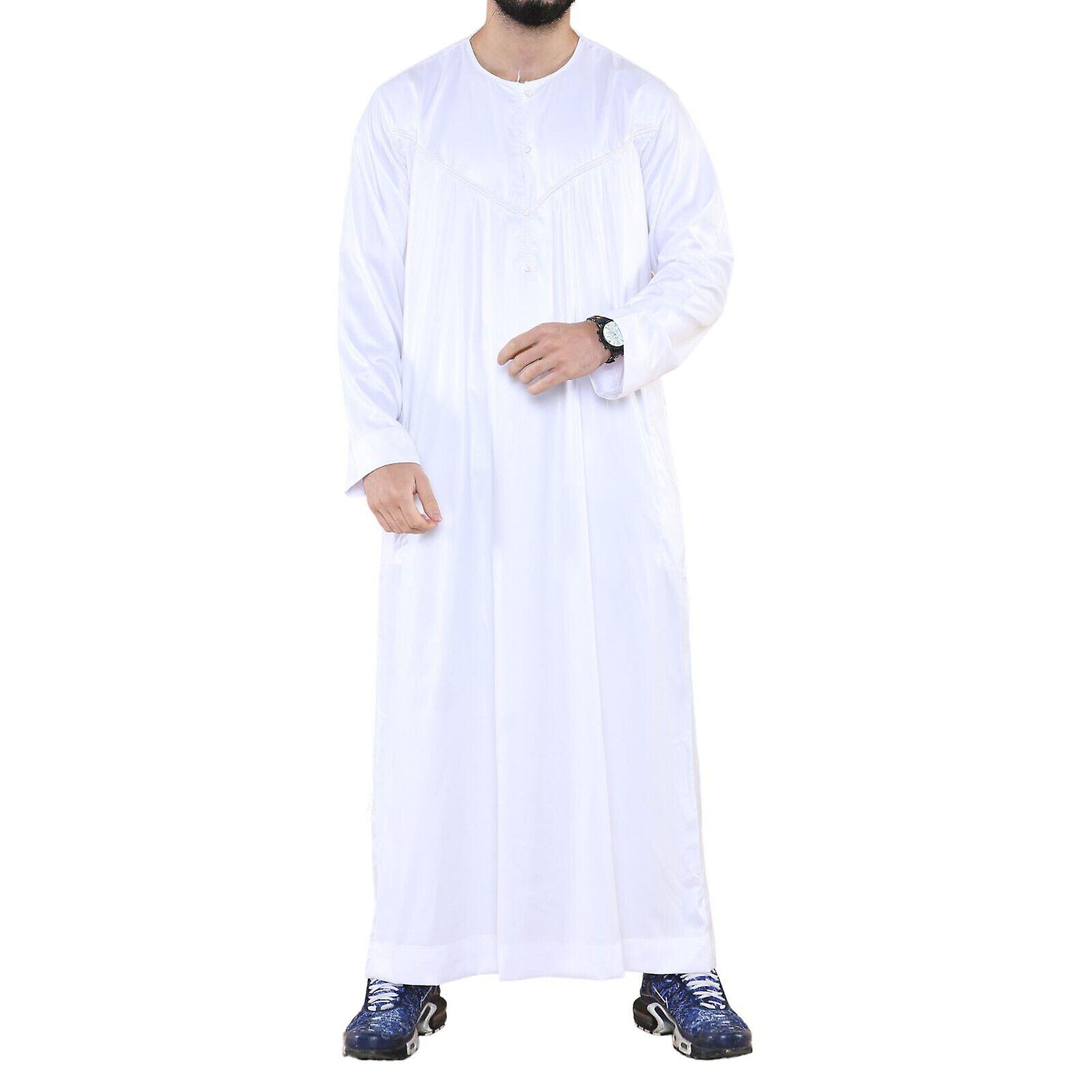 Mens White Thobe Jubba SAUDI Emirati Omani Islamic Arabic Satin Kaftan Jubbah