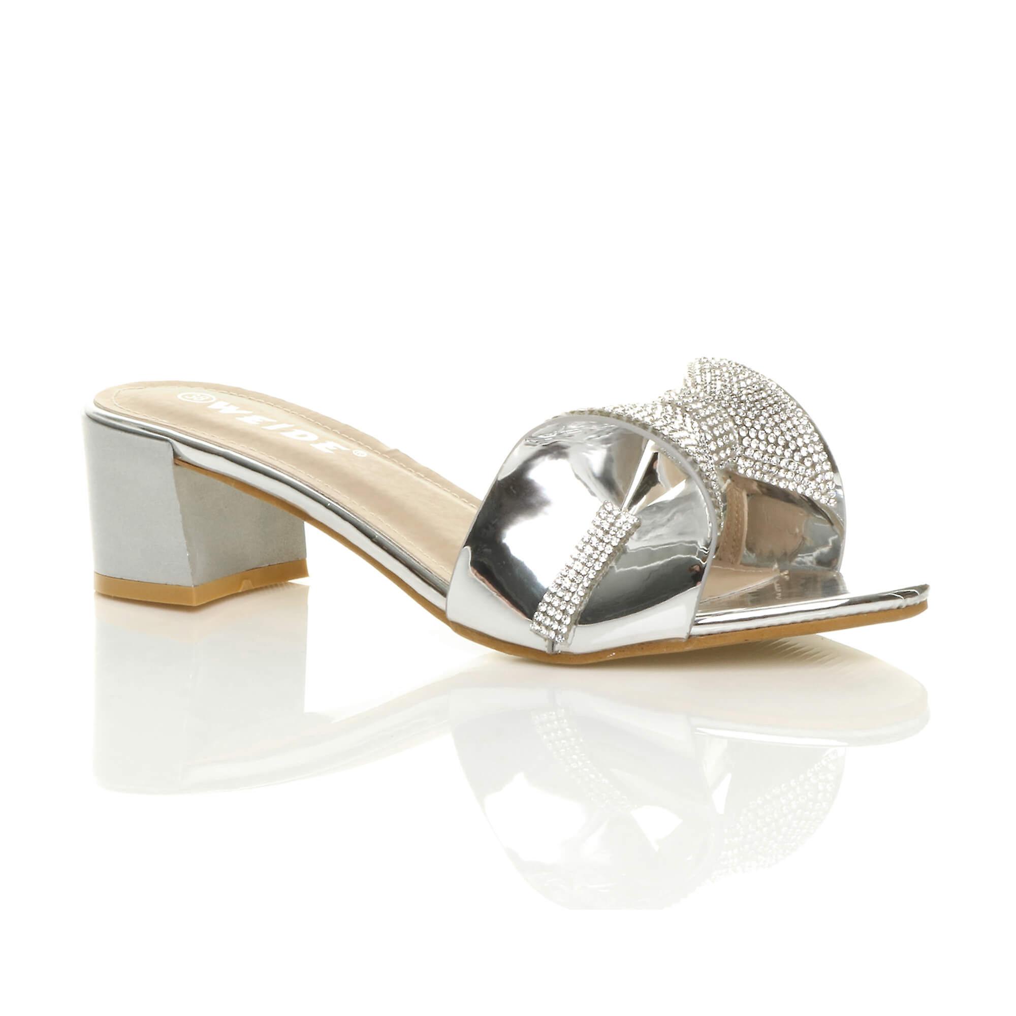 Ajvani womens low mid block heel sparkly diamante bow slip on mule sandals