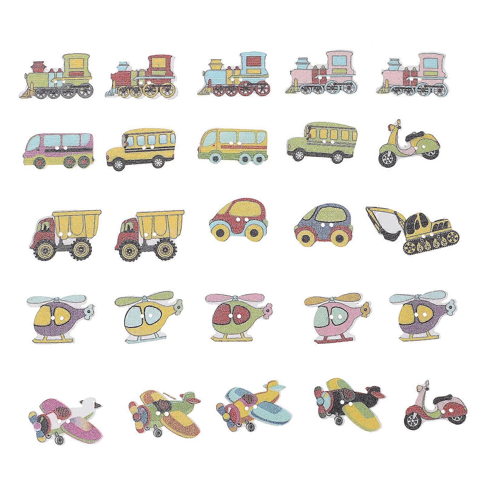 50Pcs DIY Cartoon Buttons Transportation Style Buttons Wooden Clothes Buttons Handicraft Button Mixed Color