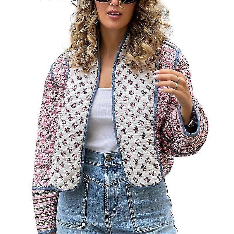 Women's Floral Quilted Cardigan Cropped Lightweight Puffer Coat With Open Front-YuJia
