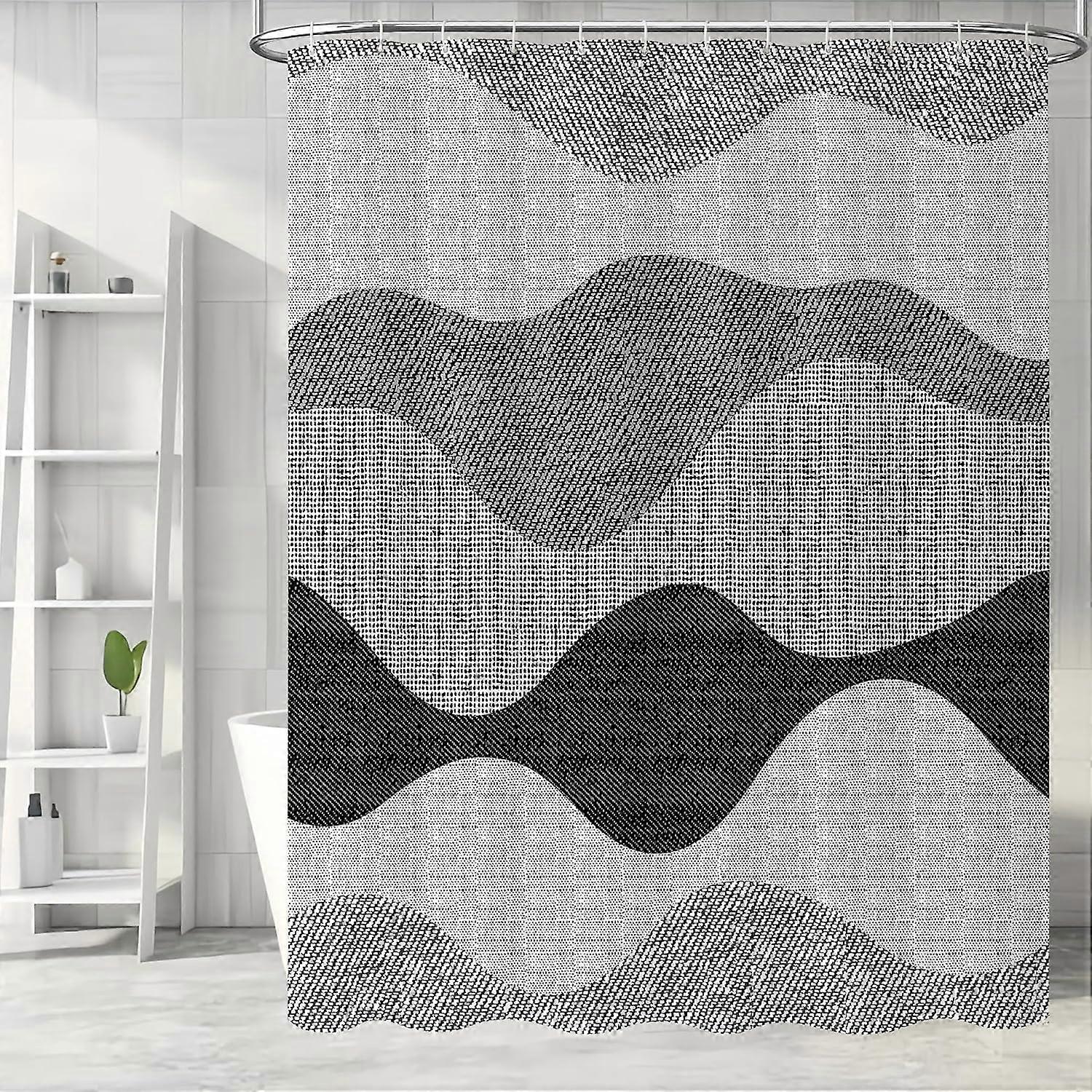 Black and White Shower Curtain, Modern Deep Grey Shower Curtain for Bathroom, Abstract Geometric Striped Waves Shower Curtain Set with Hooks, Simple G