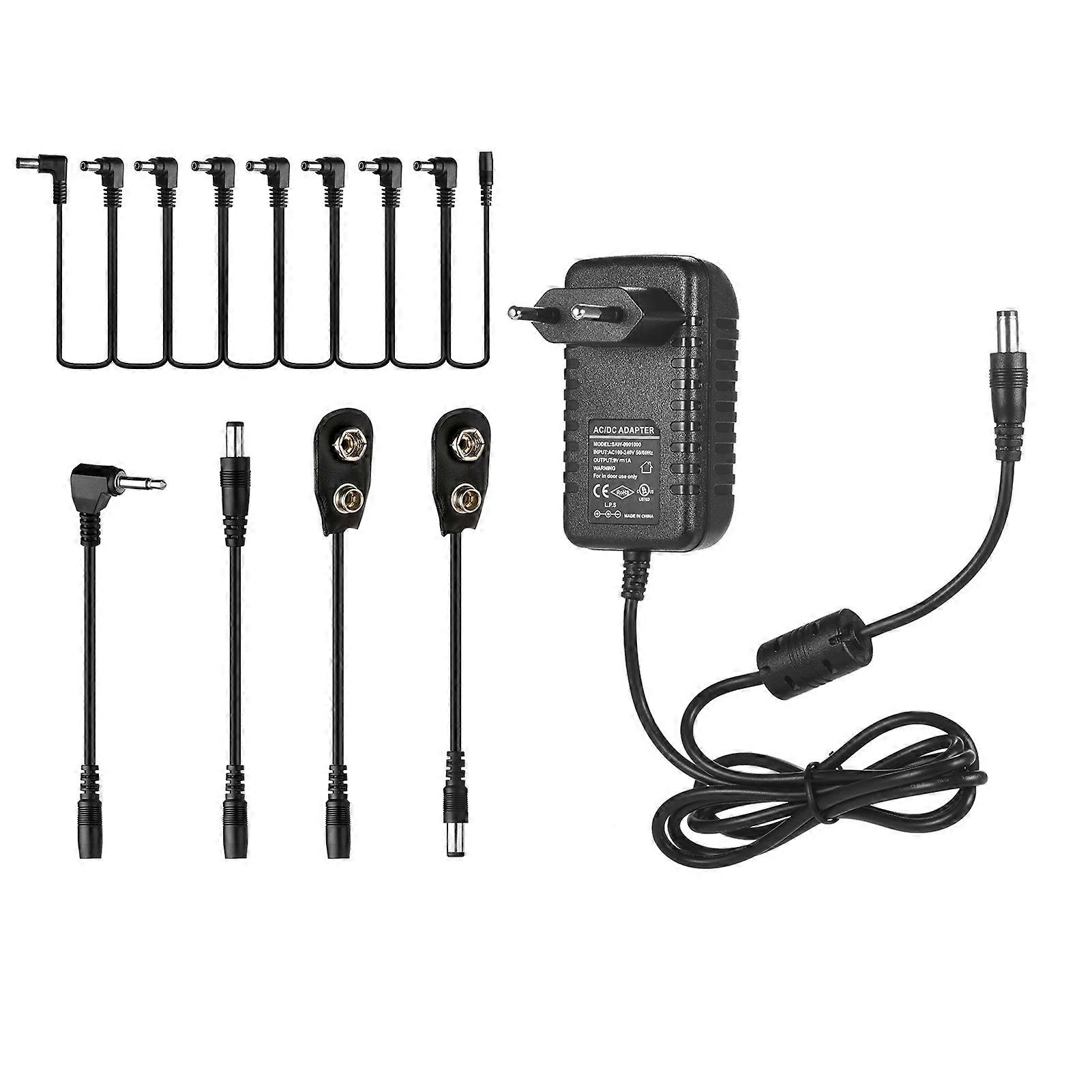 Caline CP-07B Guitar Effects Power Supply Adapter DC 9V 1A with 8-Way Daisy Chain Cable Reversed Polarity Cables Battery Clip Cables