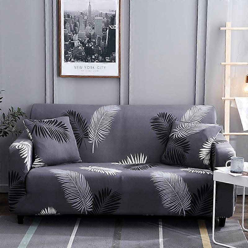 Elastic Sofa Cover Black Feather Leaf For Three People 190-230cm