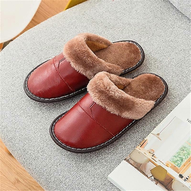 Women's Genuine Leather Slippers Fuzzy Memory Foam Slippers Fluffy Winter House Shoes Indoor and Outdoor