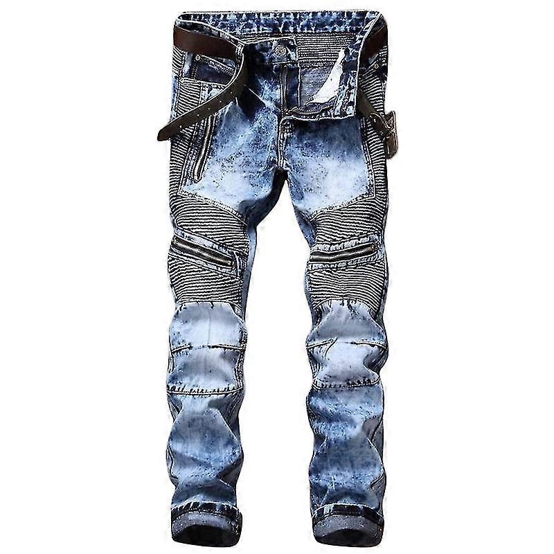 Mens Moto Biker Jeans With Zipper Decoration Vintage Washed Ruched