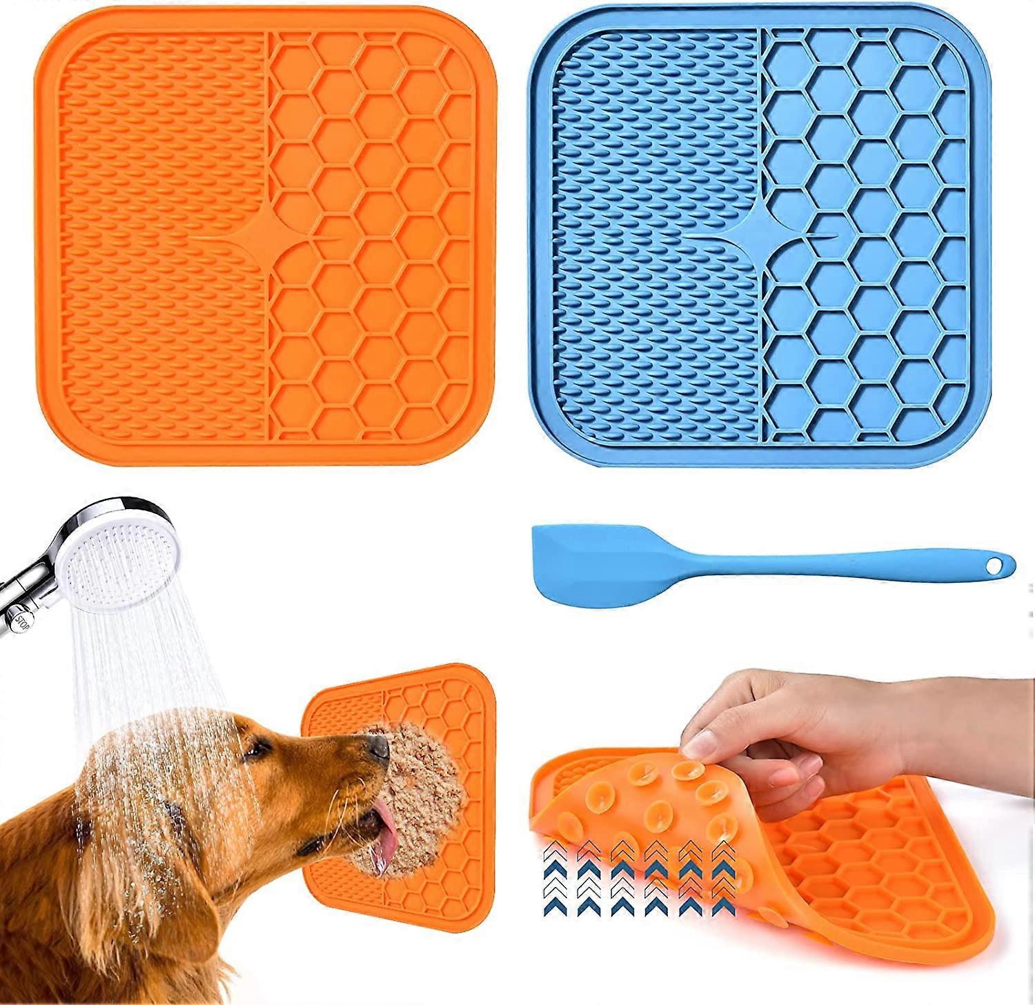 Dog Lick Mat, 2 Pieces BPA Free Cat Lick Mat with 1 Silicone Spatula, Extra Strong Suction Cups for Bathing, Training, Grooming and Claw Maintenance-S