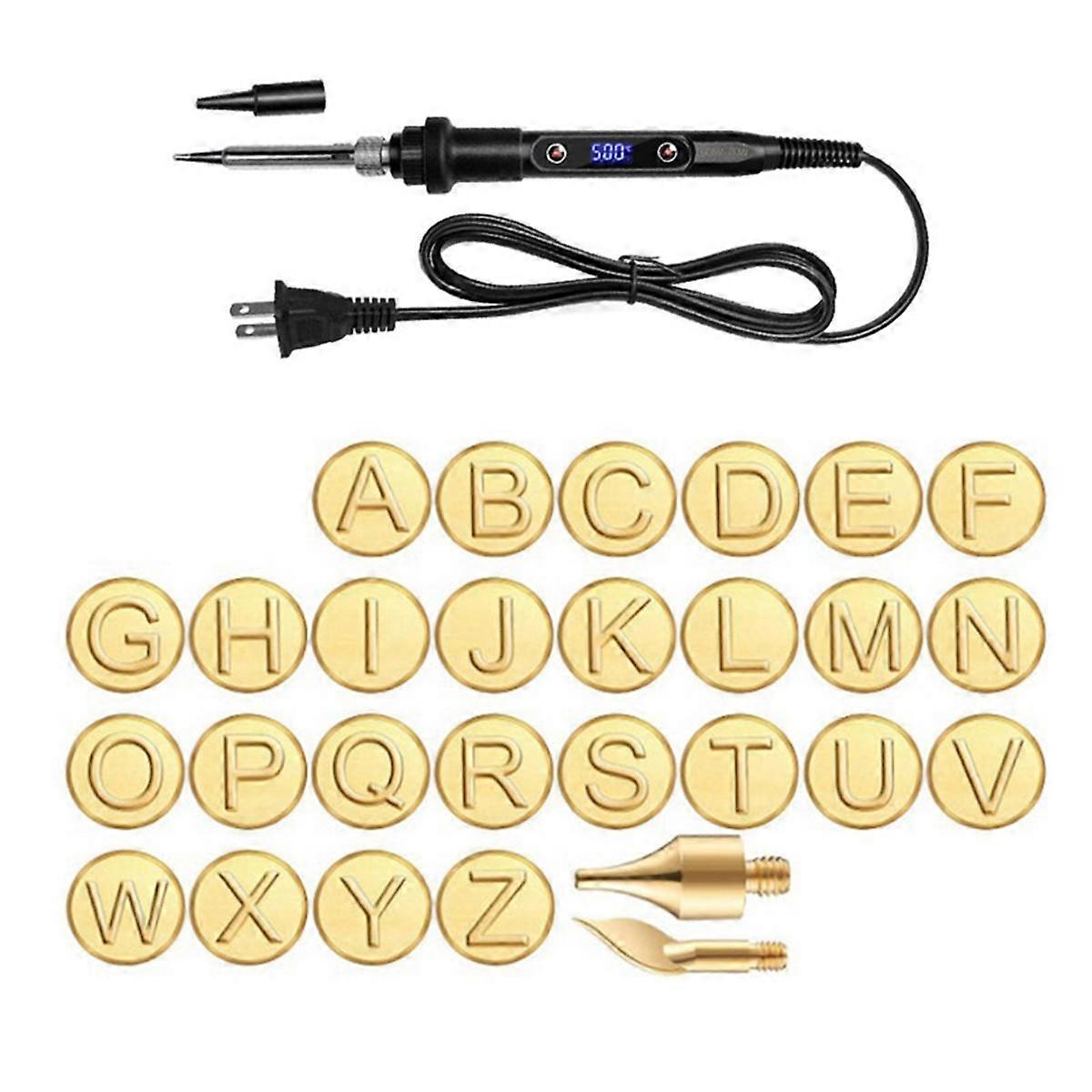 Wood Burning Tool Pen Burning Tips Kit 26 English Letters Carving Pyrography Pen Tips Stencil Soldering Iron US Plug