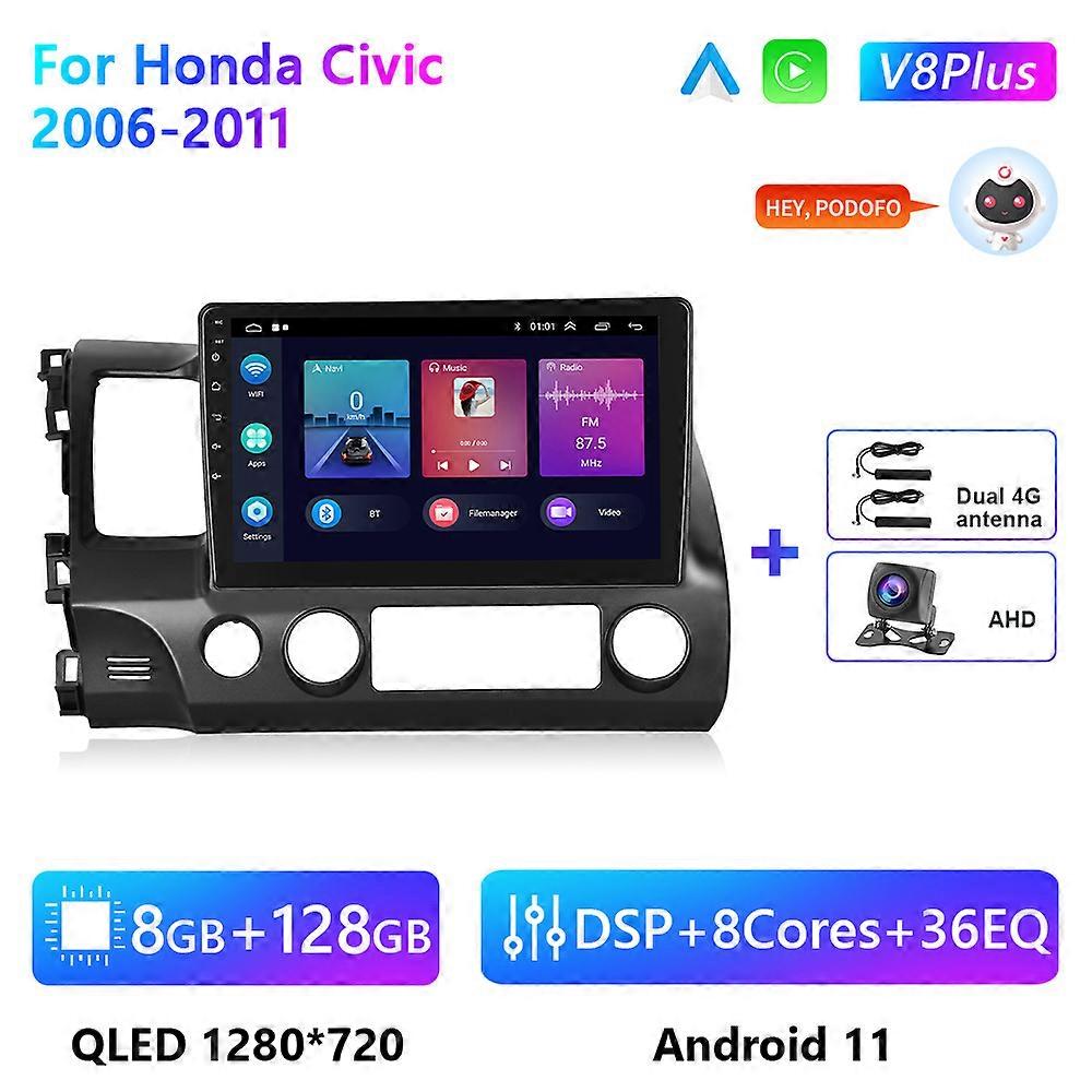 Podofo Radio Mobil Apple Carplay Android Auto untuk Honda Civic 2006-2011 4G + WIFI Android 11 8 Core 8 + 128G 10.1 Inci Penerima Stereo