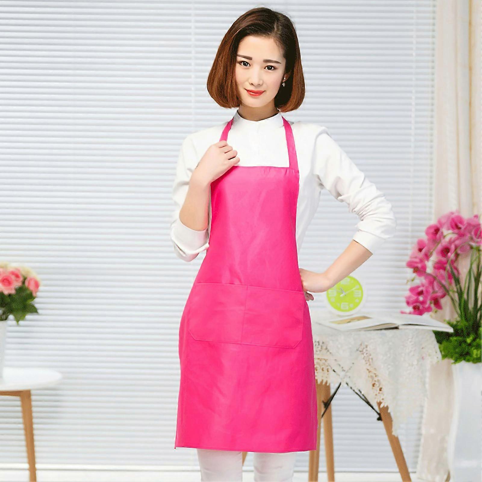 Kitchen Apron Solid Color Dual Pockets Back Strap Soft Polyester Chef Apron for Household Plum Red