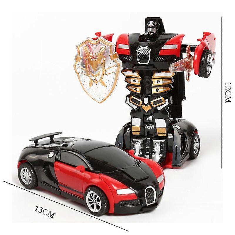 (Two Pieces) Collision Deformation Toy Car Autobot Robot Inertia Impact One Button Deformation Car Boy Gift (Bugatti Red Color Box)
