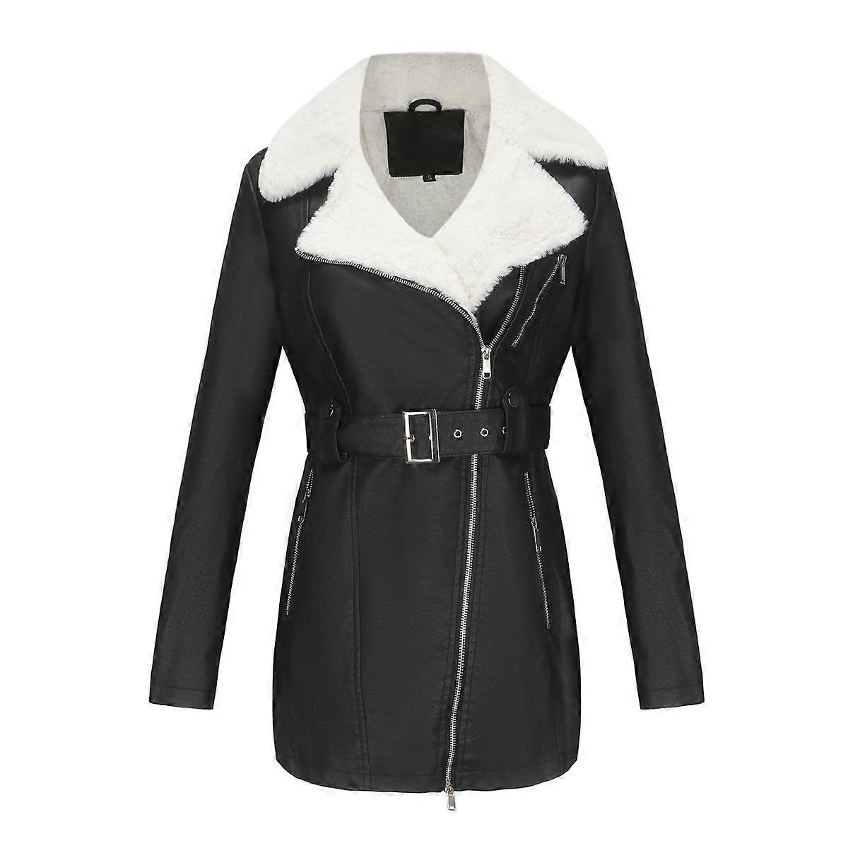 Women’s Plush Jackets Faux Leather PU Lapel Zipper Mid Length Warm Coat with Belt Long Sleeves Autumn Winter Outer Wear Bomber Moto Biker Outfits