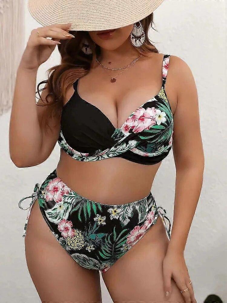 2024 Plus Size Scalloped High Waist Bikini Sets Swimsuit For Women Floral Sexy V-neck Two Pieces Beachwear Bathing Suit Swi