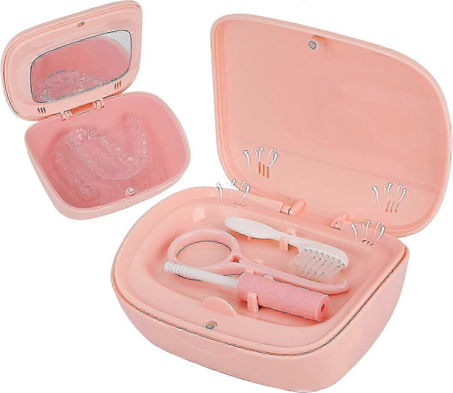 Denture Case, Retainer Case Set - Includes Denture Brush, Chews & Removal Tool - Comes With Mirror For Easy Access