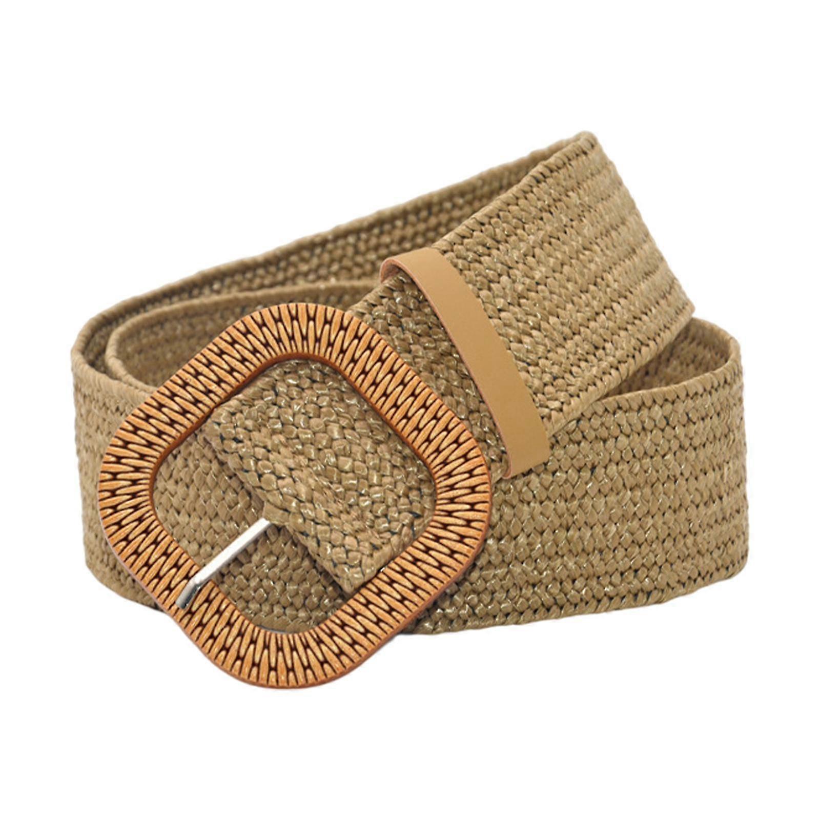 Retro Style Bohemian Straw Woven Stretch Waist Belt Elastic Square Buckle Jeans