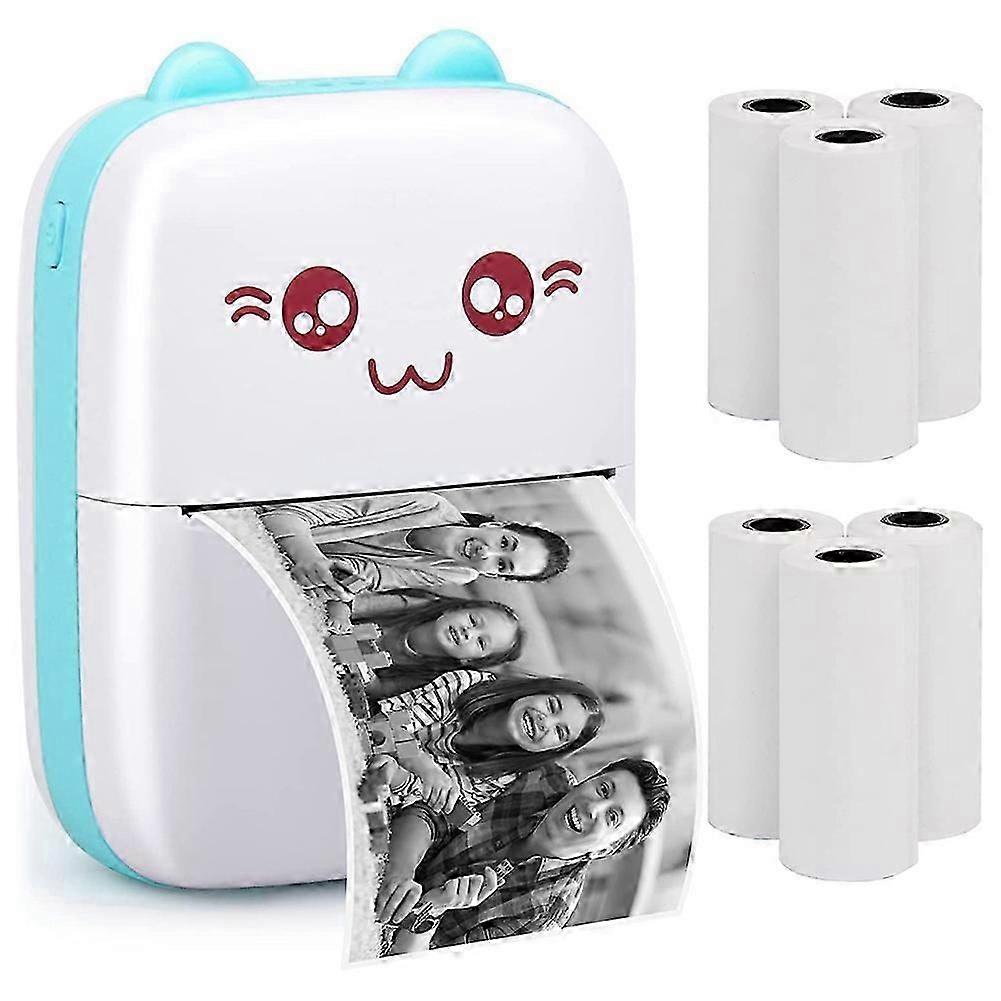 Portable Printer, Mini Pocket Wireless Thermal Printers with 6 Rolls Printing Paper for Android IOS Smartphone Blue