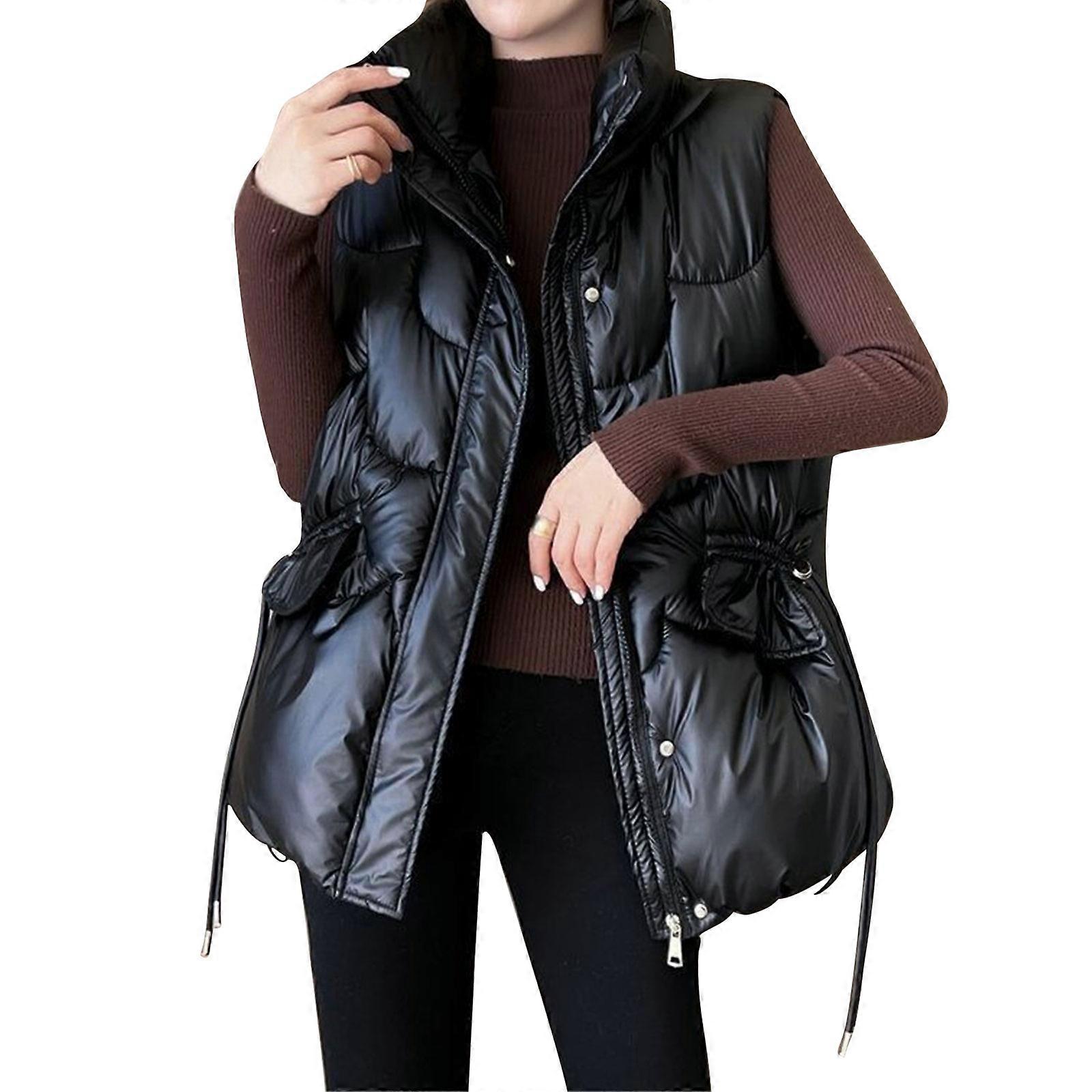Dam Varm väst Allmatchande Ärmlös Jacka-Snygg Stå krage Vadderad väst Höst Vinter Dragkedja Pufferväst Ytterkläder Svart XL