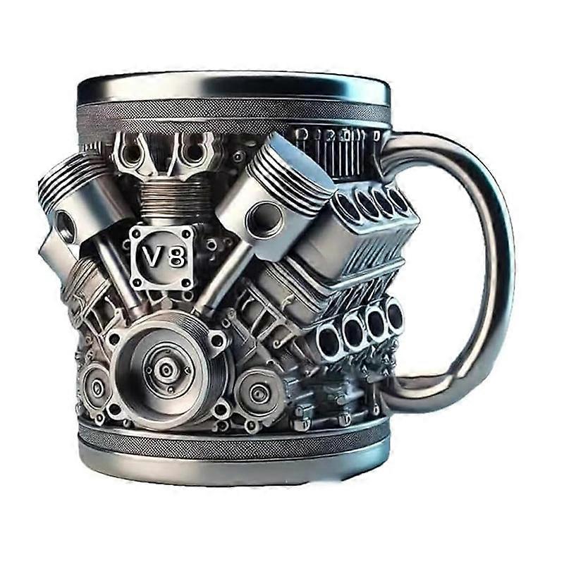 Stainless Steel Mug - V8 and V6 Engine Design, V8 and V6 3D Engine Design Retro Coffee Cup