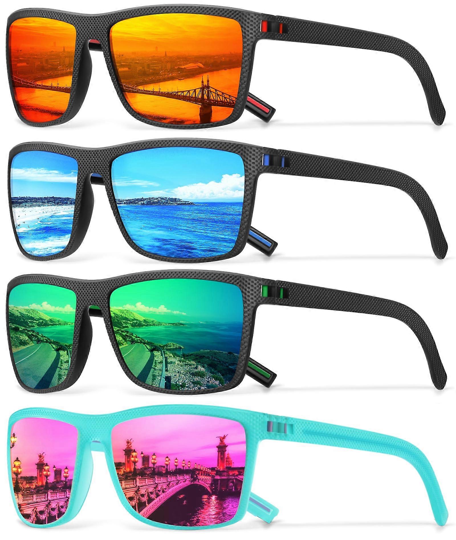 Square Polarized Sunglasses for Men - Vintage Driving Goggles Frame - 4-Pack in Green, Red, Blue, Pink