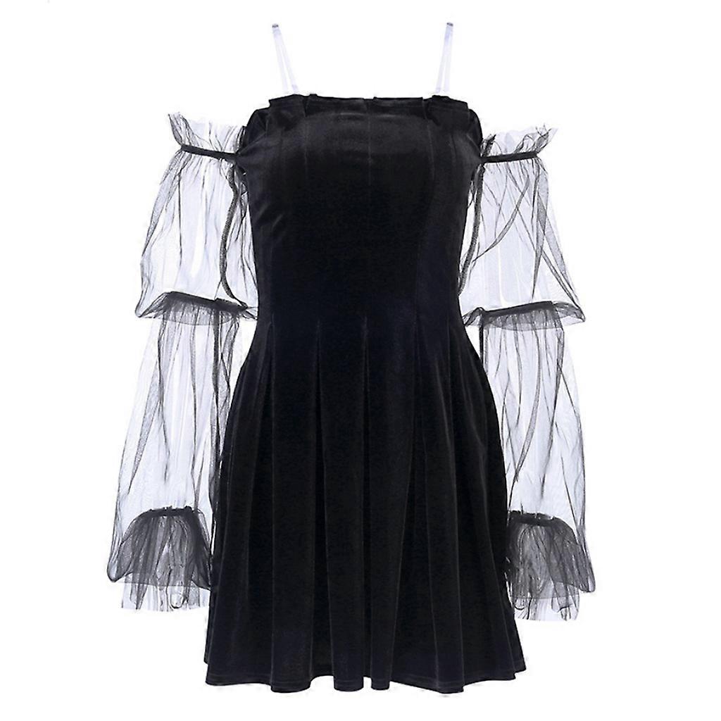Dark Gothic Lolita Women Black Velvet Mini Slim Dress Mesh Lantern Sleeve Sexy Off Shoulder Pleated Ruffles Cubwear