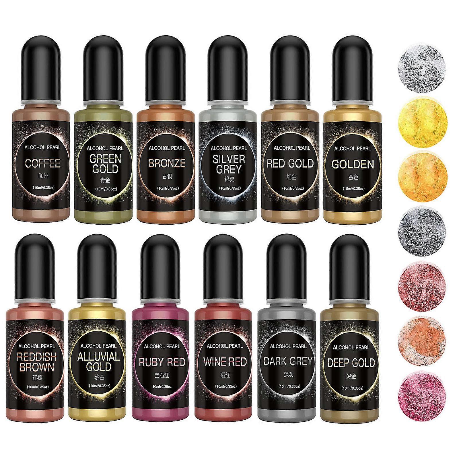 Encres Alcool Métalliques 12 Couleurs - Pour Résine époxy, Faux Vitrail, Aquarelle - Pigment Intense, Brillant, Flacons 5ml - 3