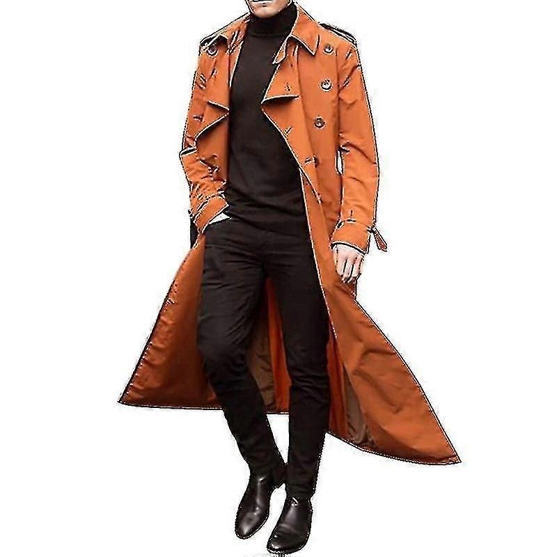 Men Long Trench Coat Lapel Overcoat Jacket