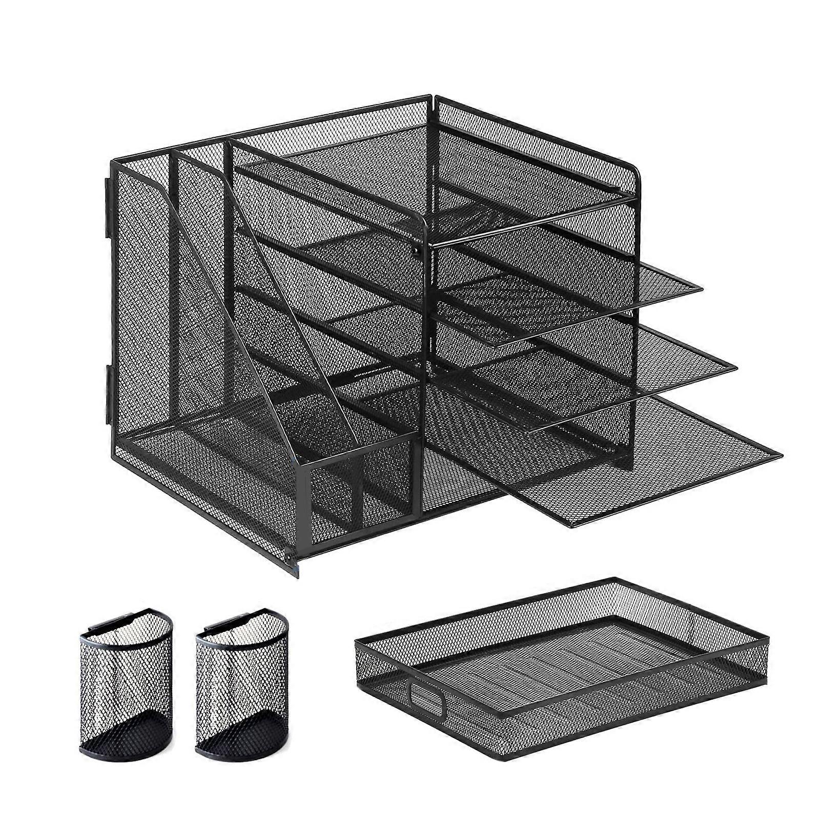 5 Tiered Desk Document File Tray Organizers with File Holder Sliding Drawer & 2 Pen Holder, Multipurpose Desk Organizers