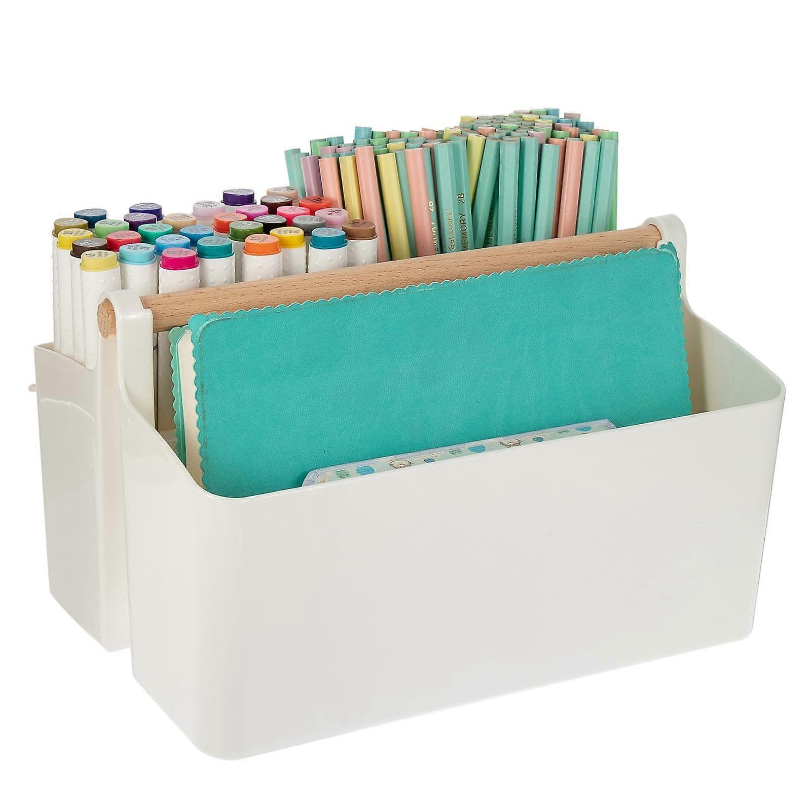 Large Basket with Handle, Plastic Craft Storage Organizer Caddy Tote (white)