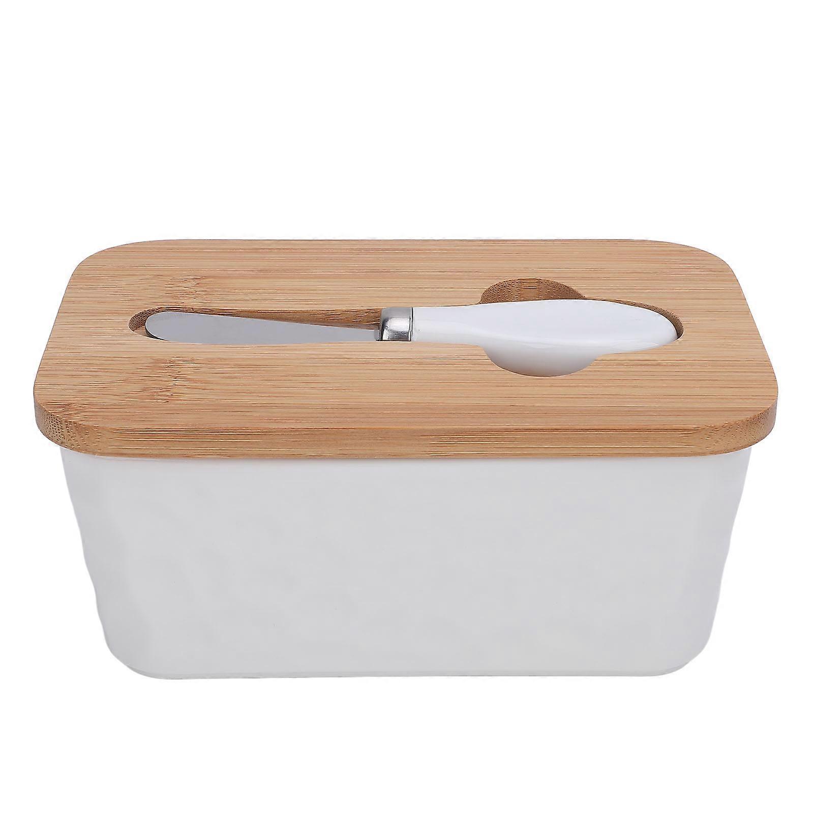 600ml Ceramic Butter Dish with Lid Butter Keeper Butter Container With Cutter for Kitchen Countertop White 