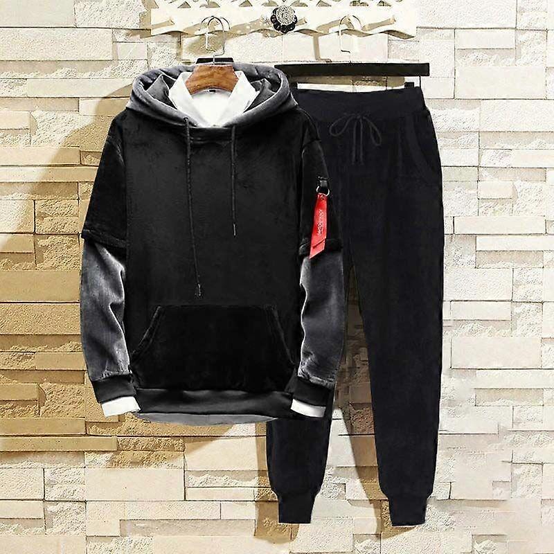 Large Size Men's Spring and Autumn Double Sided Velvet Sweater Plush Two-piece Set Sportswear Suit