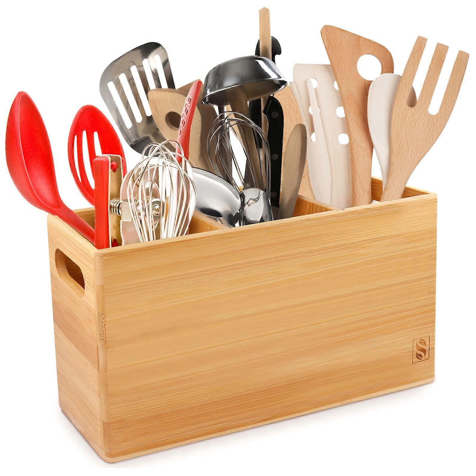 Large Bamboo Kitchen Utensil Holder, Sturdy Cutlery Stand with 3 Storage Compartments, Removable Shelf to Adjust Space, 2 Side Handles for Easy Moving