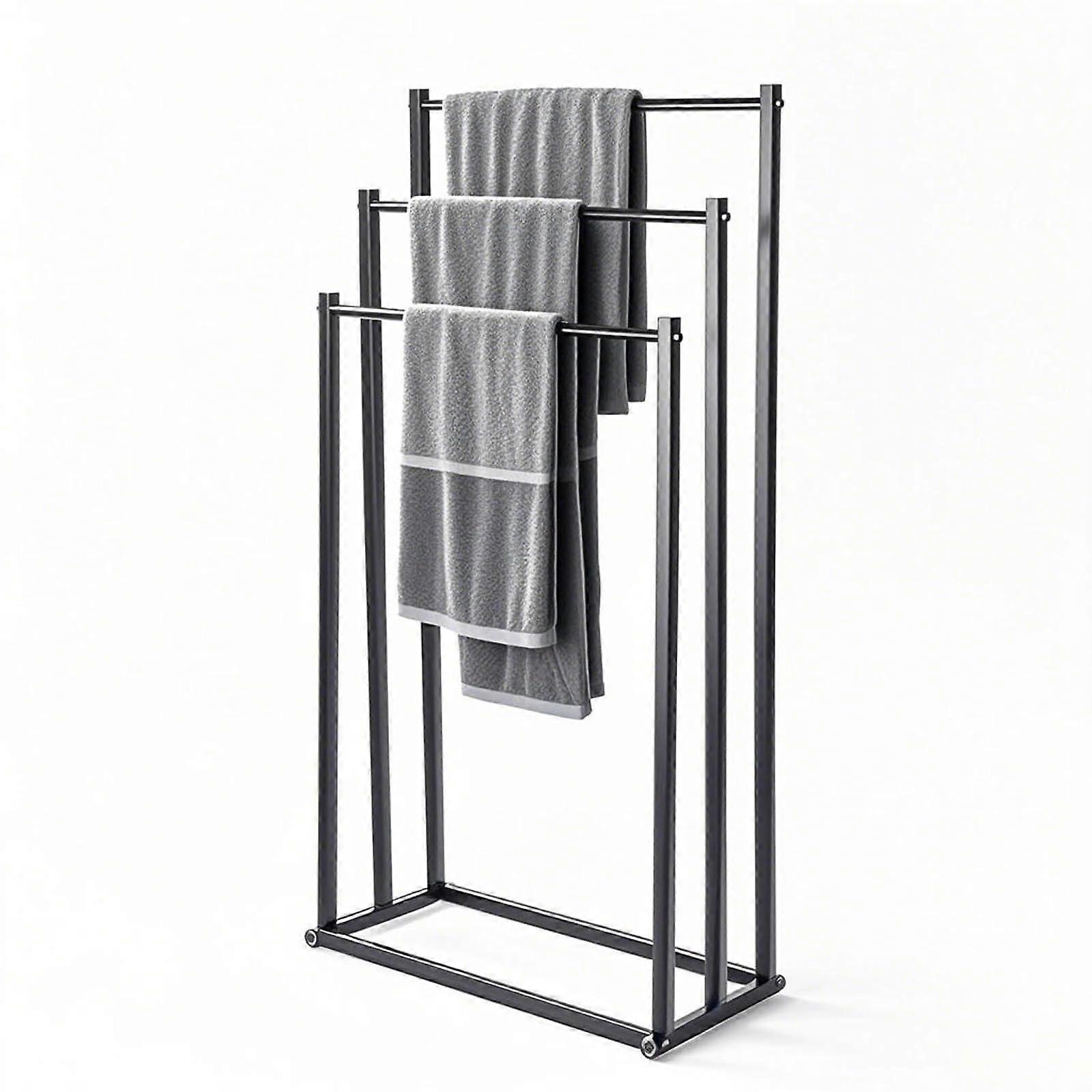Standing Towel Holder, Sturdy Bath Towel Holder with 3 Rails, Black