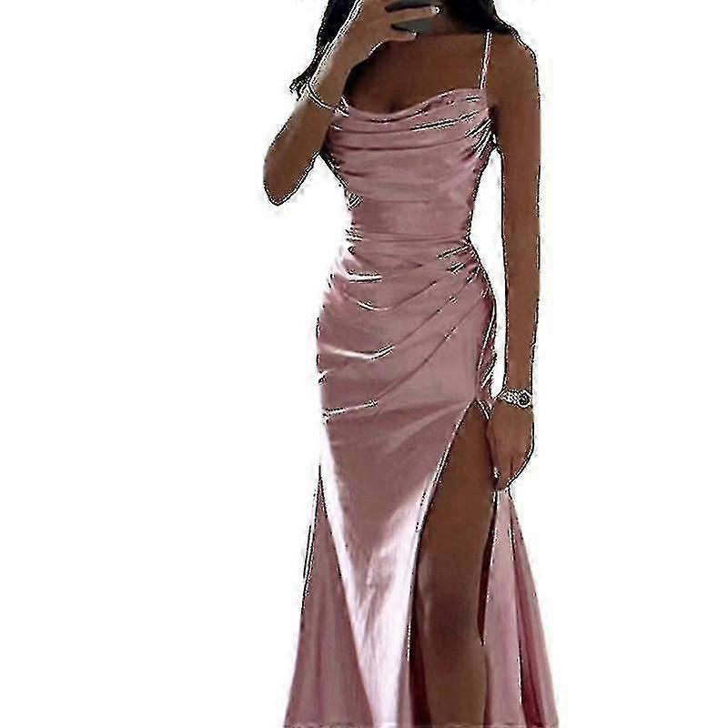נשים ארוכות מקסי שמלות דרפה צוואר ערב שמלת ערב ללא שרוולים סאטן להחליק שמלה מסיבת קז'ואל-D ff hu zd הגעה חדשה