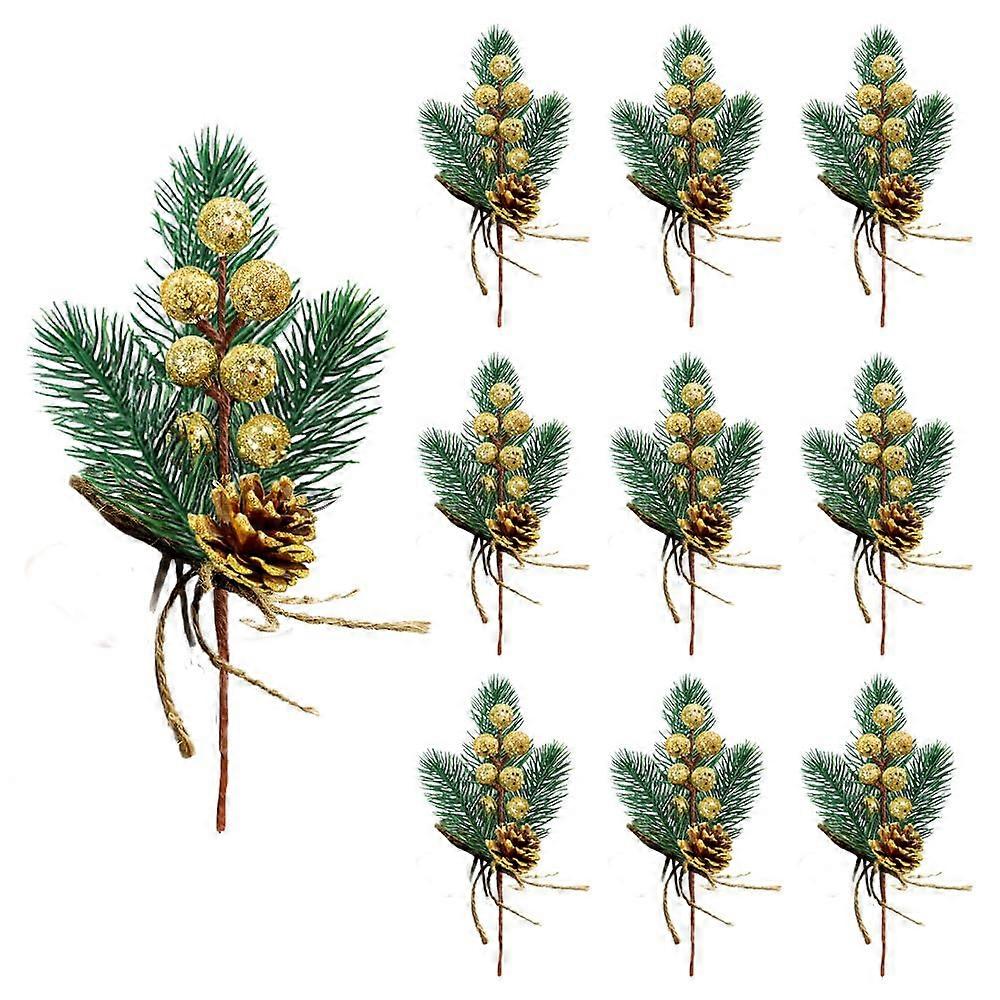 Artificial Pine Picks with Pine Needles, Small Gold Berries, and Pine Cones for Floral Arrangements and Wreaths